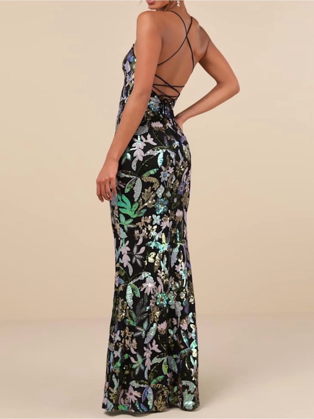 Lulus Black Floral Sequin Maxi Dress Lace Up Back Bodycon Prom
Formal S - Picture 3 of 13